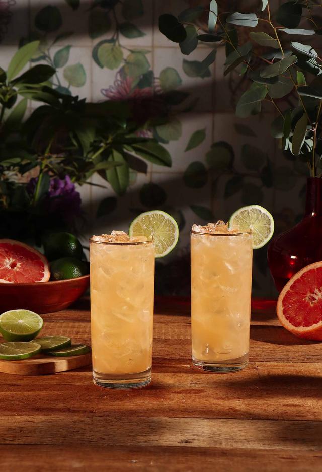 a sun drenched and moody photo of the Tropical Grapefruit Crush